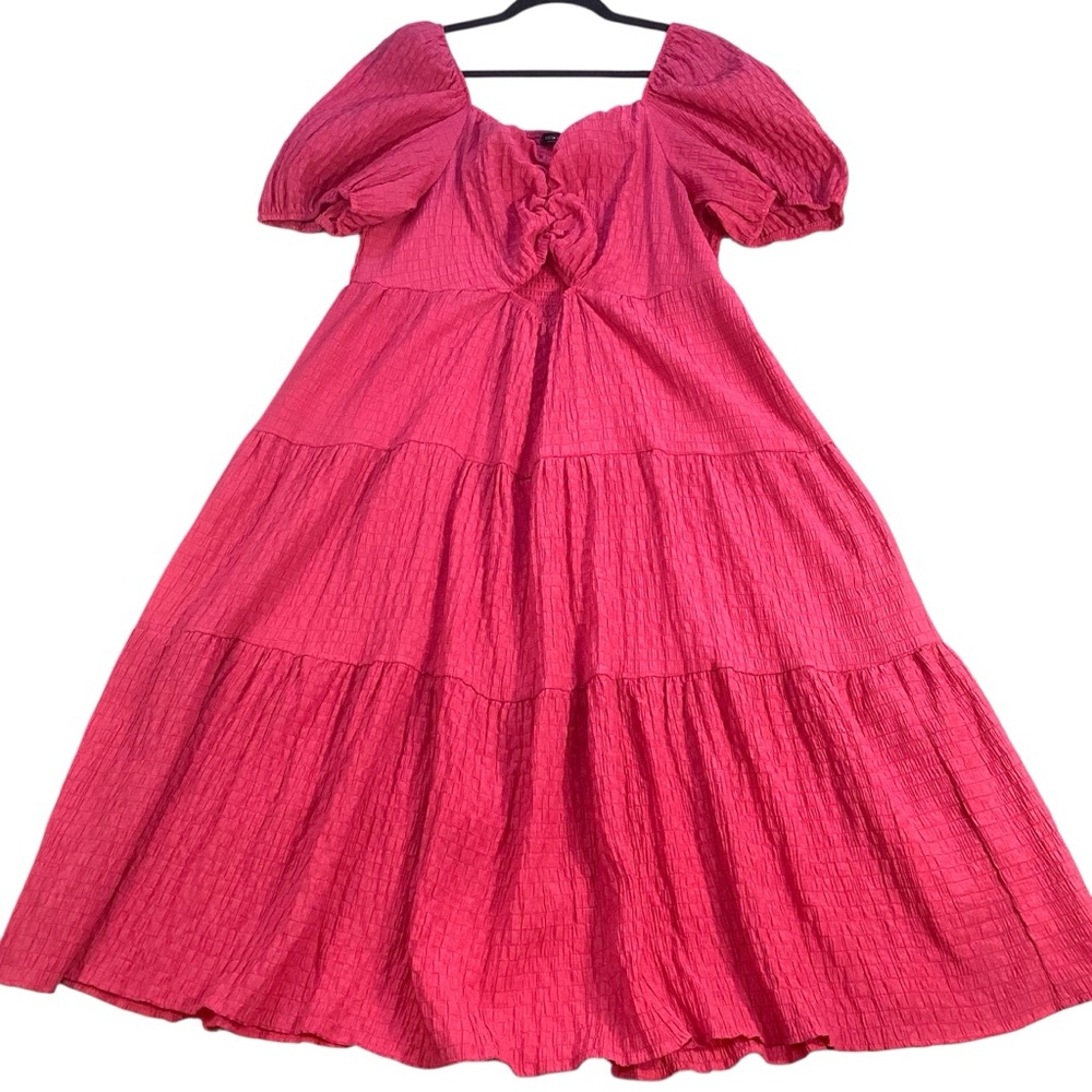 Shein‎ Curve Pink Smocked Tiered Puff Sleeve Peek-a-Boo Front Midi Dress Size 3X